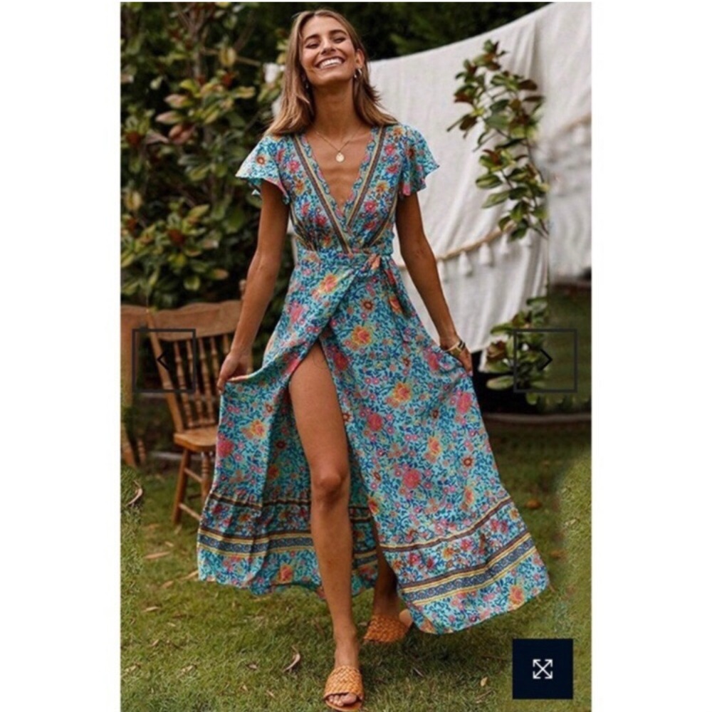 Floral V-Neck Maxi Dress in Teal